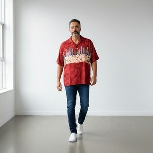 RIMA Beachworld Mens Red Surf Board Sea Turtles Button Up Shirt Big Man Size 2XL